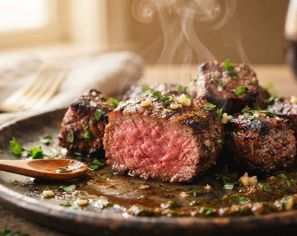 Easy garlic butter steak bites in ten minutes suggested serving