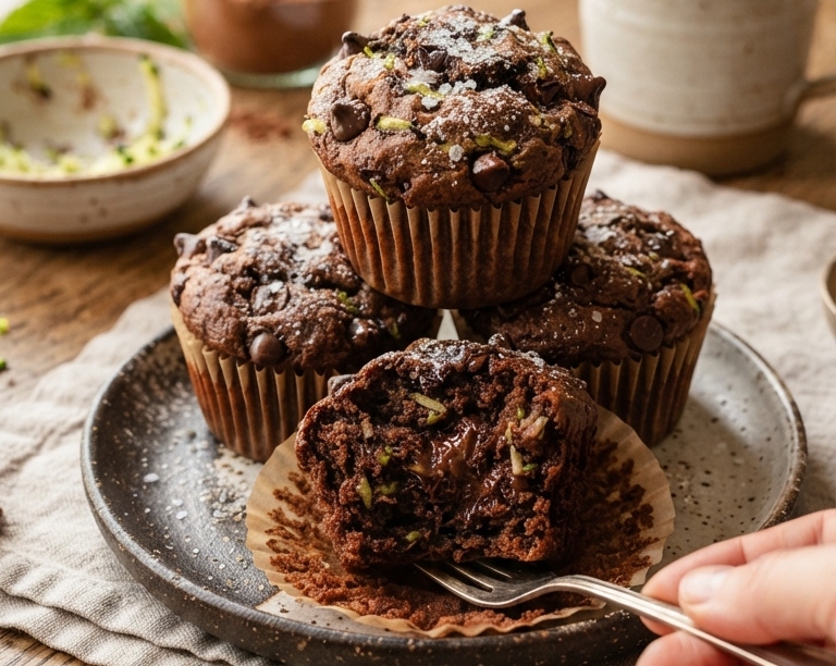 Healthy Chocolate Zucchini Muffins Everyone Loves top view