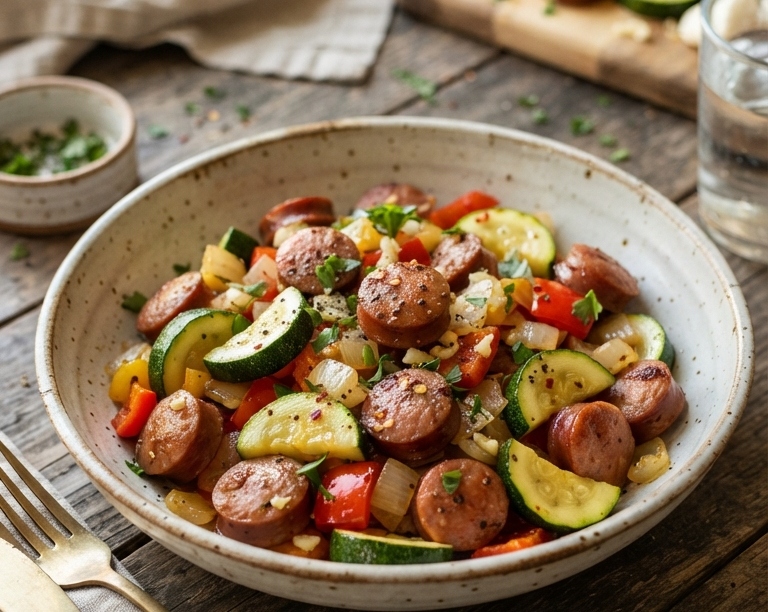 Easy Zucchini and Smoked Sausage Skillet Dinner top view