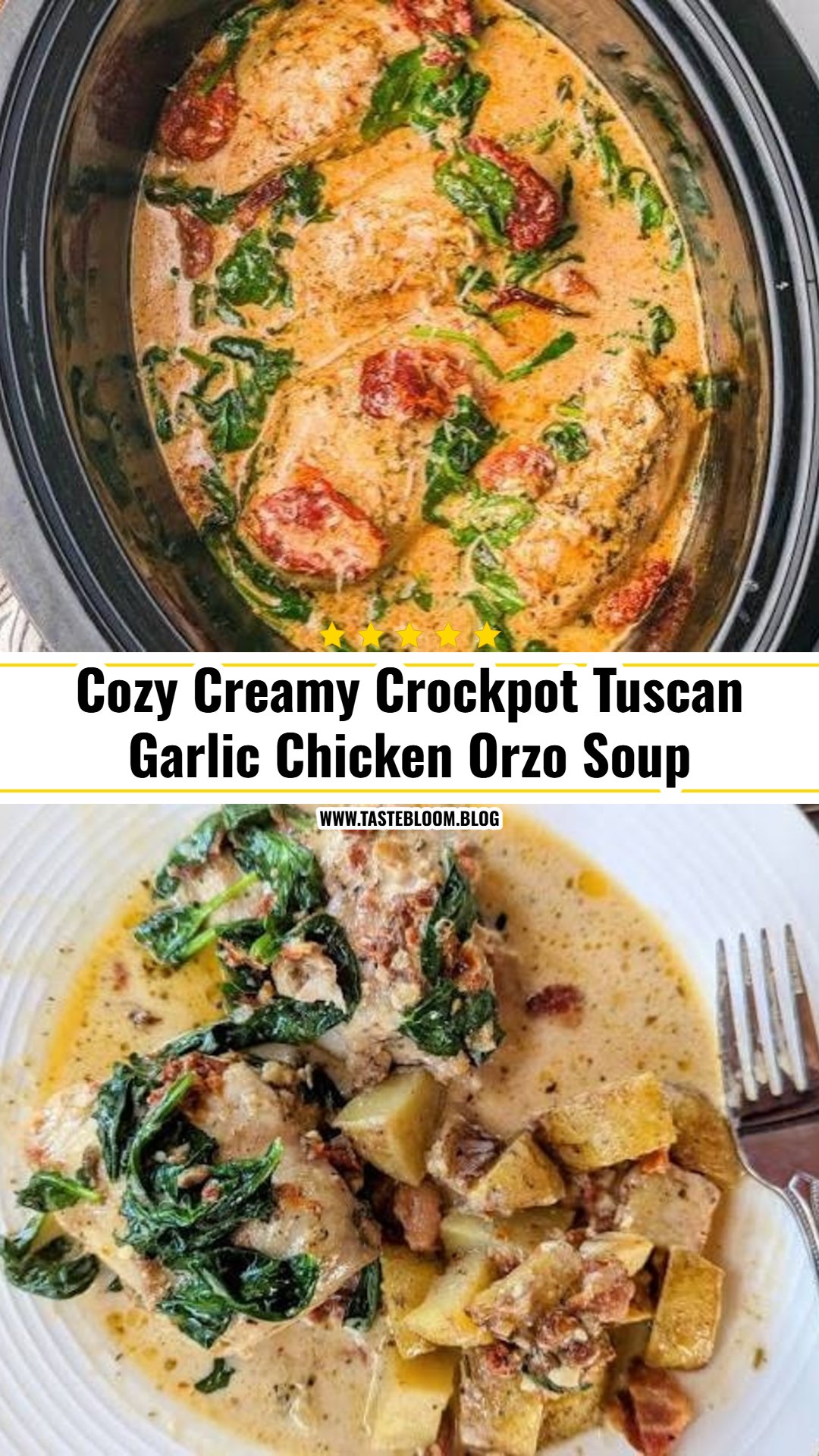 Cozy Creamy Crockpot Tuscan Garlic Chicken Orzo Soup