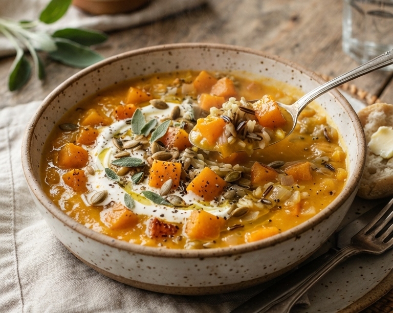 Cozy One Pot Butternut Squash and Wild Rice Soup top view