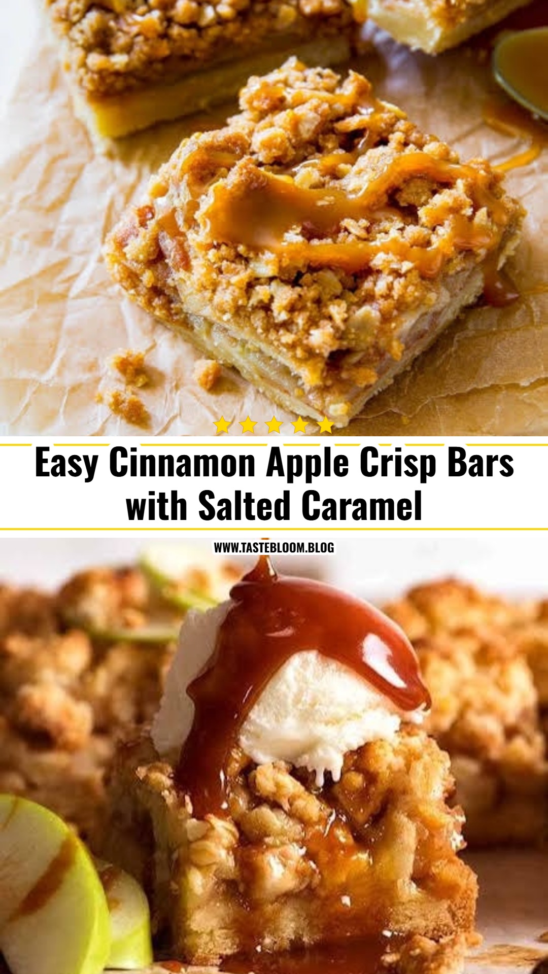 Easy Cinnamon Apple Crisp Bars with Salted Caramel