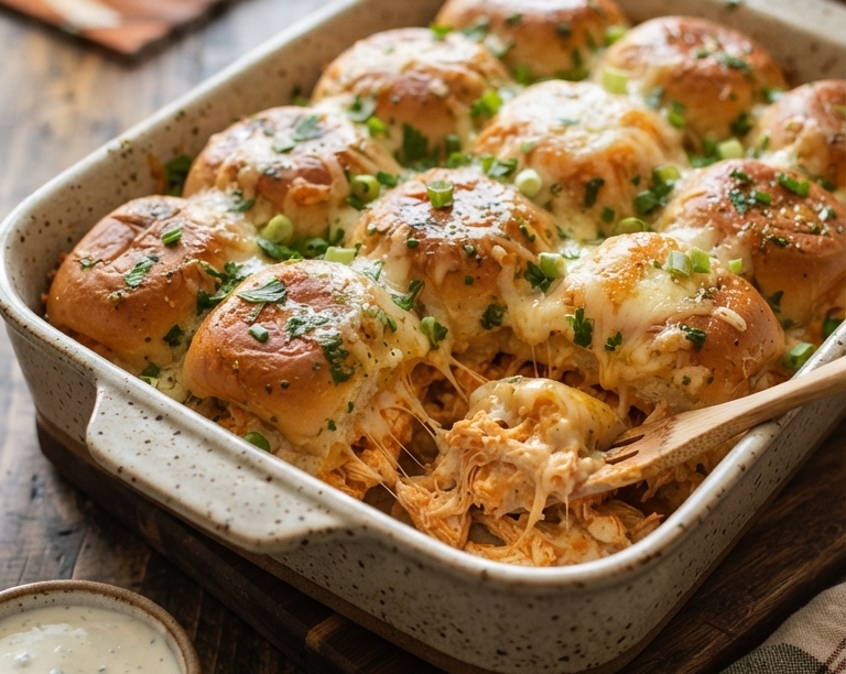Easy Garlic Butter Buffalo Chicken Pull Apart Sliders top view
