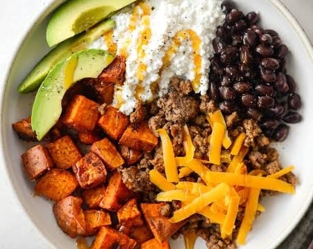 Easy Hot Honey Sweet Potato Beef Bowl Dinner suggested serving