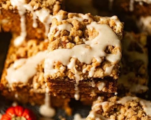 Easy Pumpkin Coffee Cake with Maple Pecan Streusel top view
