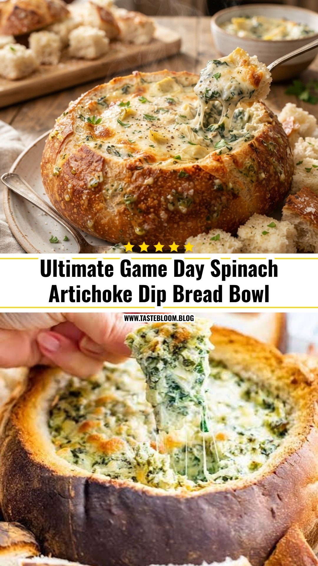 Ultimate Game Day Spinach Artichoke Dip Bread Bowl