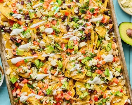 Ultimate Loaded Sheet Pan Buffalo Chicken Nacho Dip suggested serving