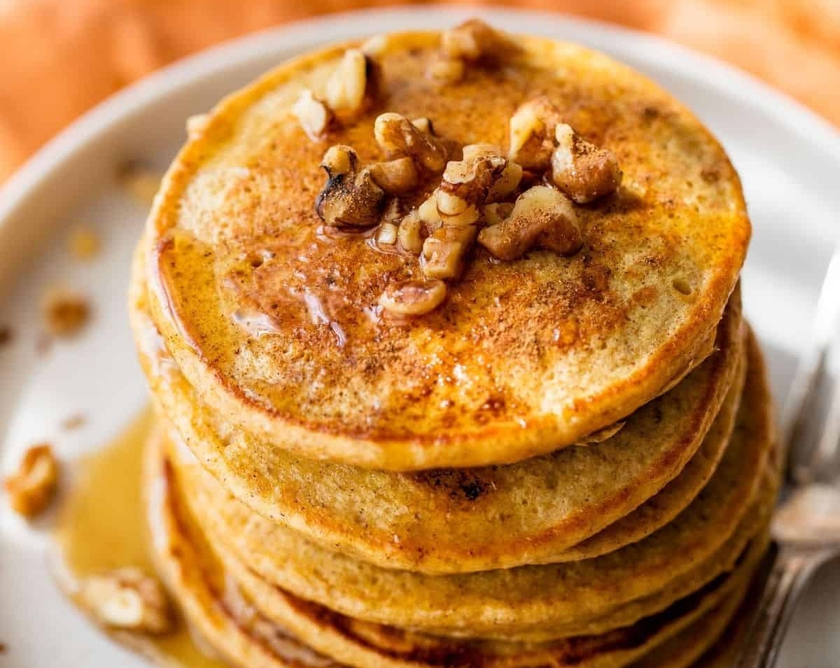 Viral Fluffy High Protein Pumpkin Spice Pancakes top view