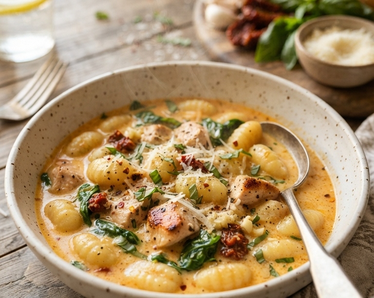 Viral One Pot Creamy Tuscan Chicken Gnocchi Soup top view